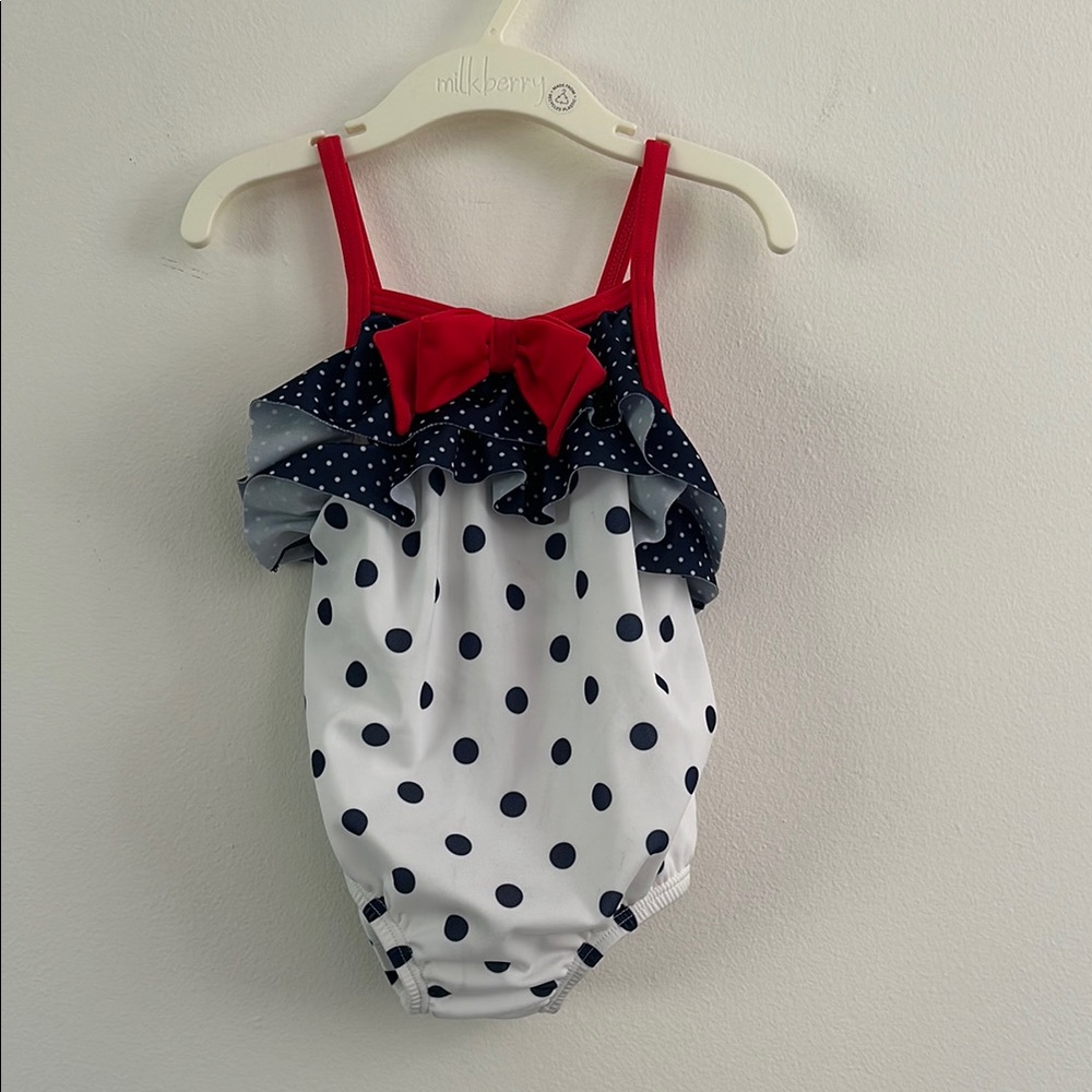 Gymboree Navy Polka Dot Baby Swimsuit with Red Bow